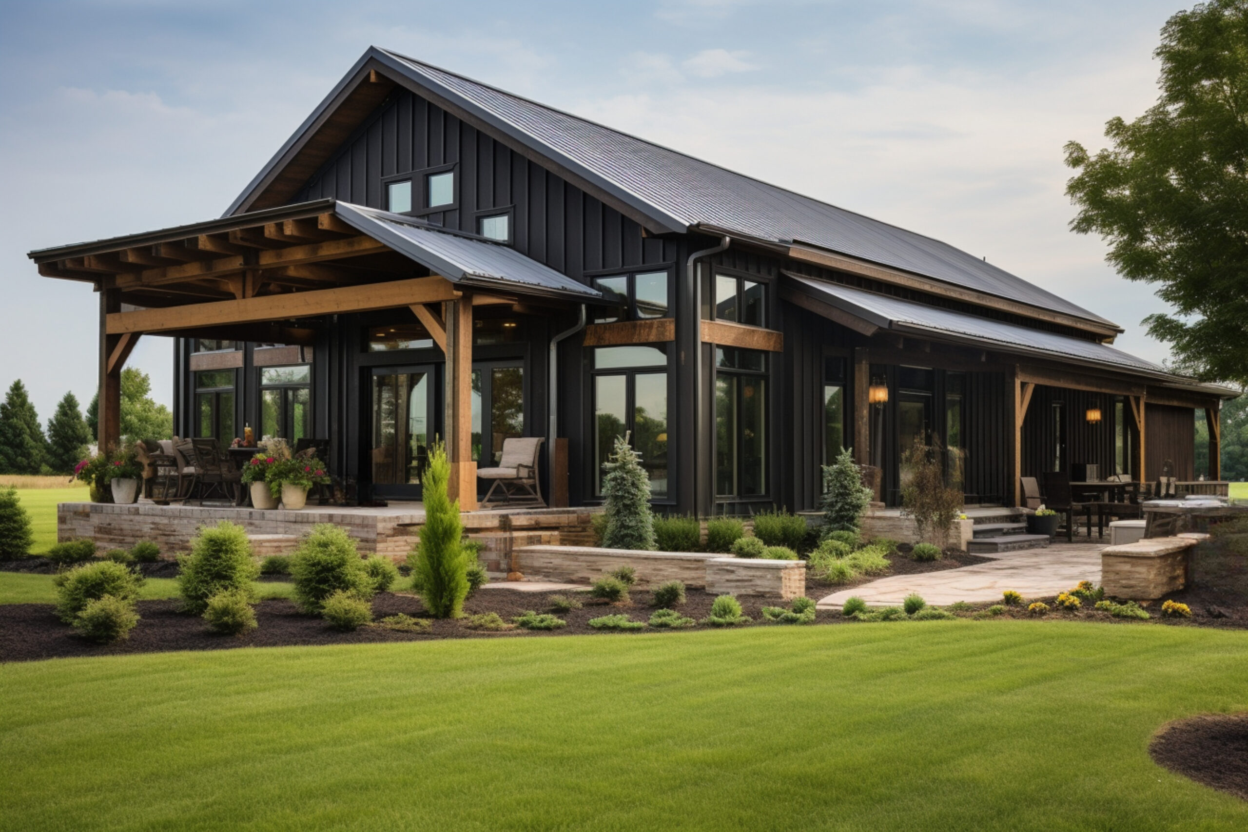 Modern Retreat: Inviting Gray Barndominium with Wood Accents and Outdoor Patio with Landscaping